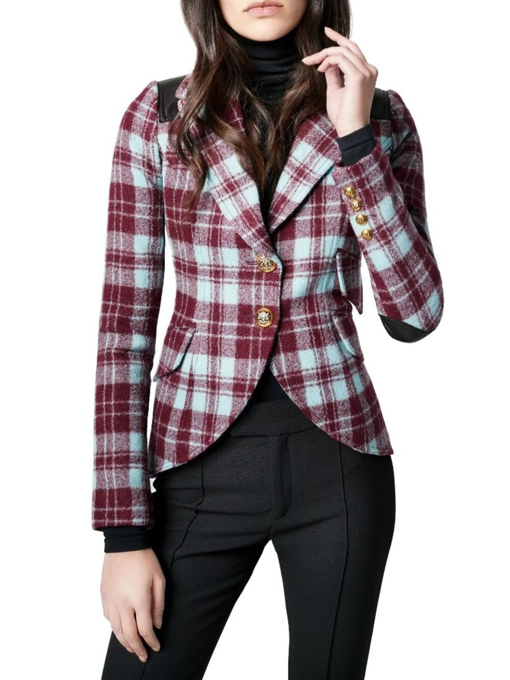Smythe Rifle Patch Equestrian Jacket Burgundy Plaid Wool & Leather 8